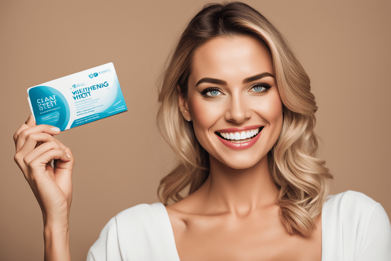 a-woman-holding-a-teeth-whitening-kit-in-her-right-hand-while-the-left-hand-it-on-her-cheek-smiling